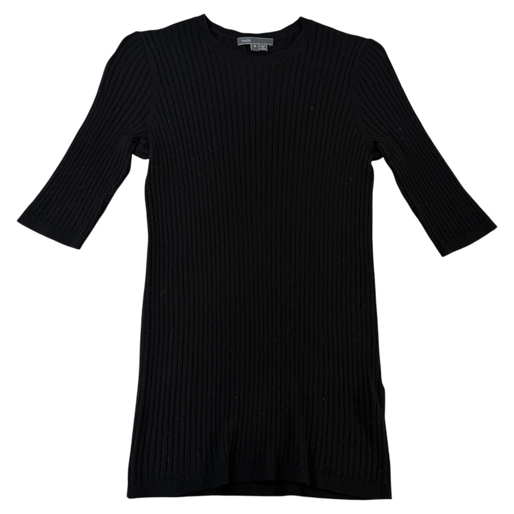 Vince Women's Black Ribbed Knit Cashmere Blend Sweater Elbow Sleeve Top Size S